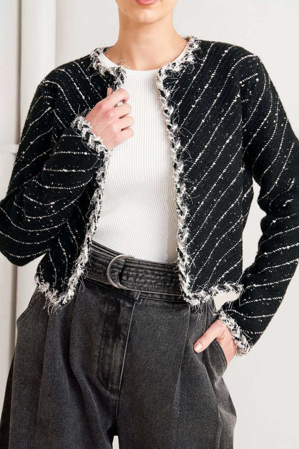 Round Neck Open Front Tweed Blend Jacket