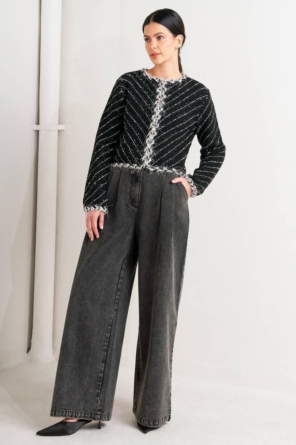 Round Neck Open Front Tweed Blend Jacket