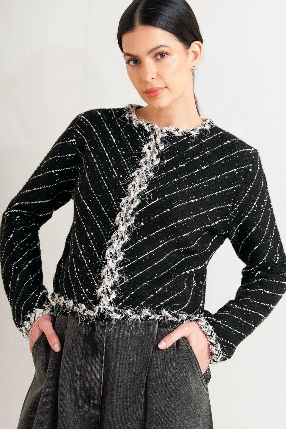 Round Neck Open Front Tweed Blend Jacket
