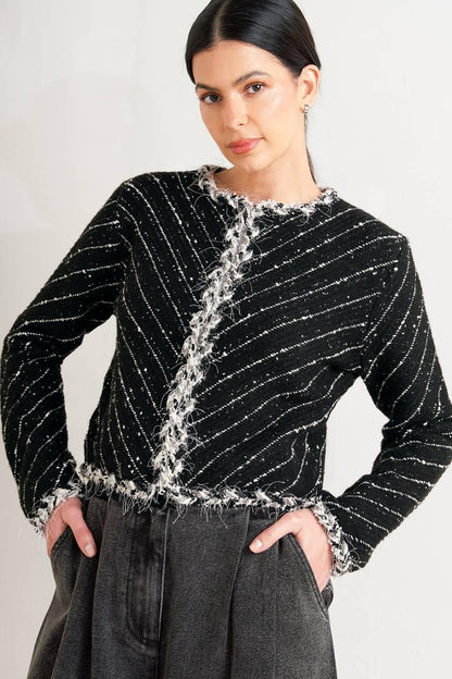 Round Neck Open Front Tweed Blend Jacket