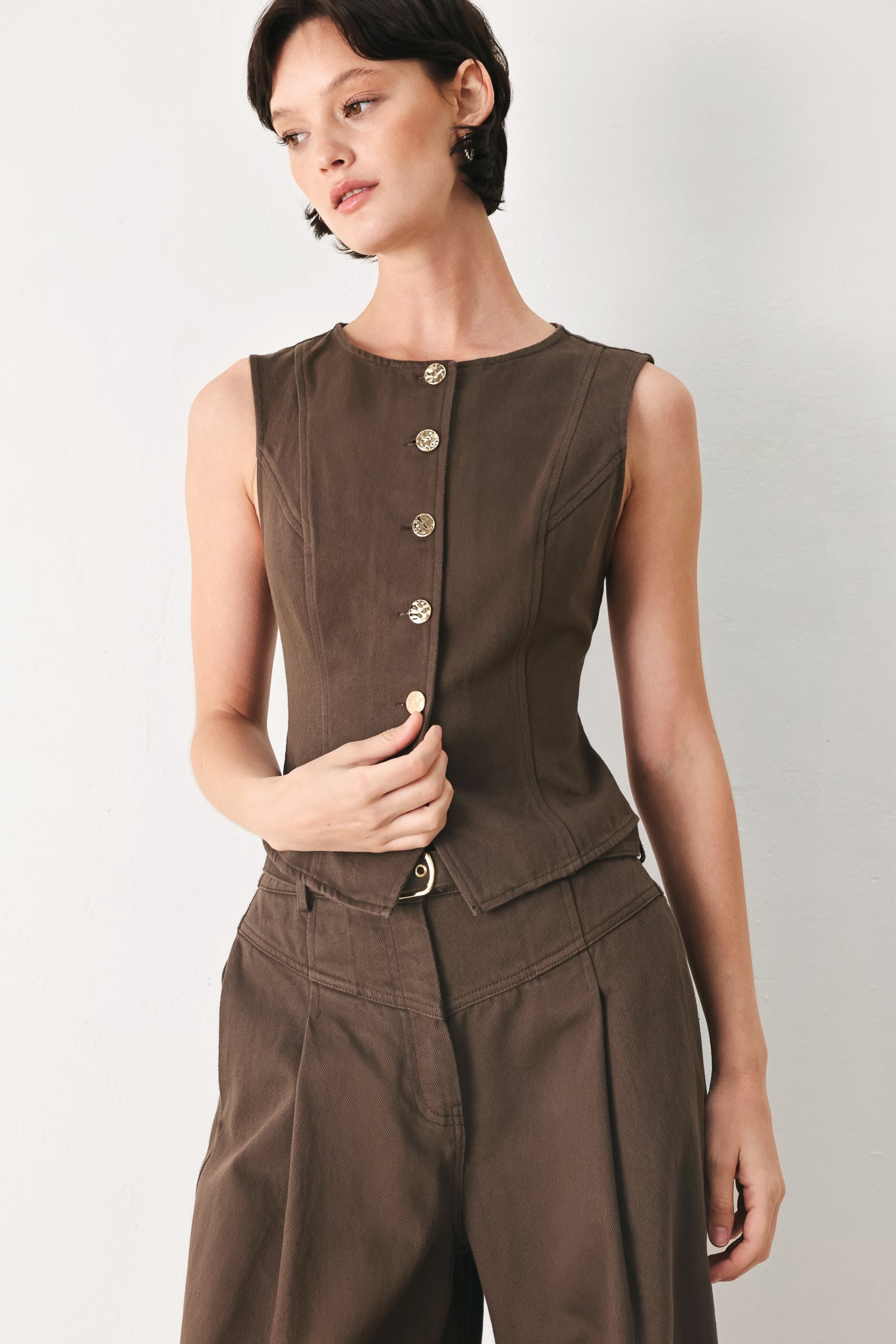 Brown Button Up Vest Top