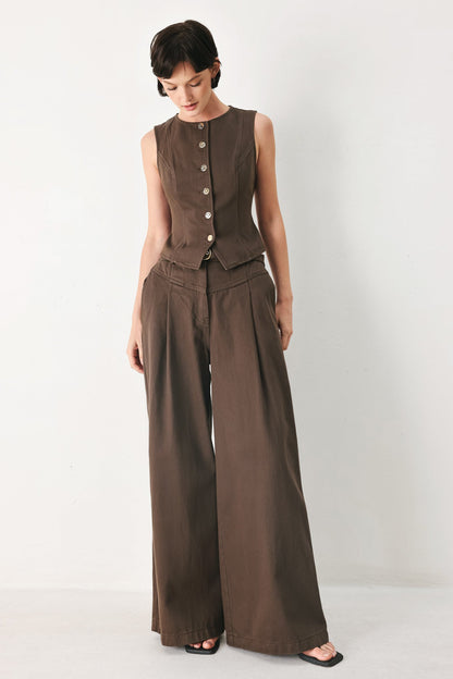 Brown Button Up Vest Top