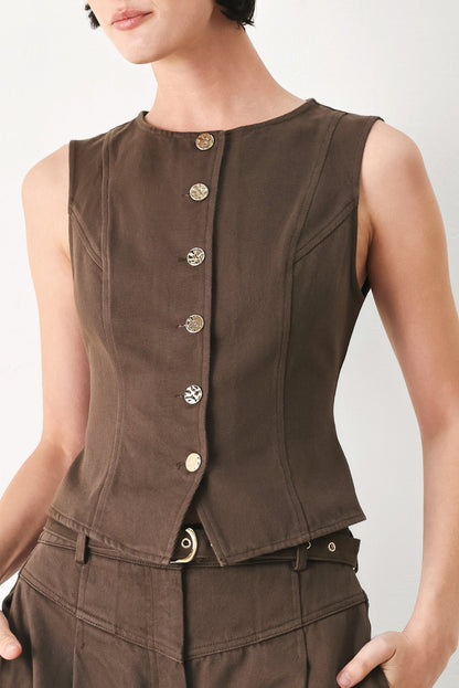 Brown Button Up Vest Top