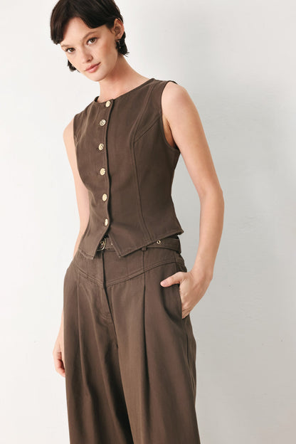 Brown Button Up Vest Top
