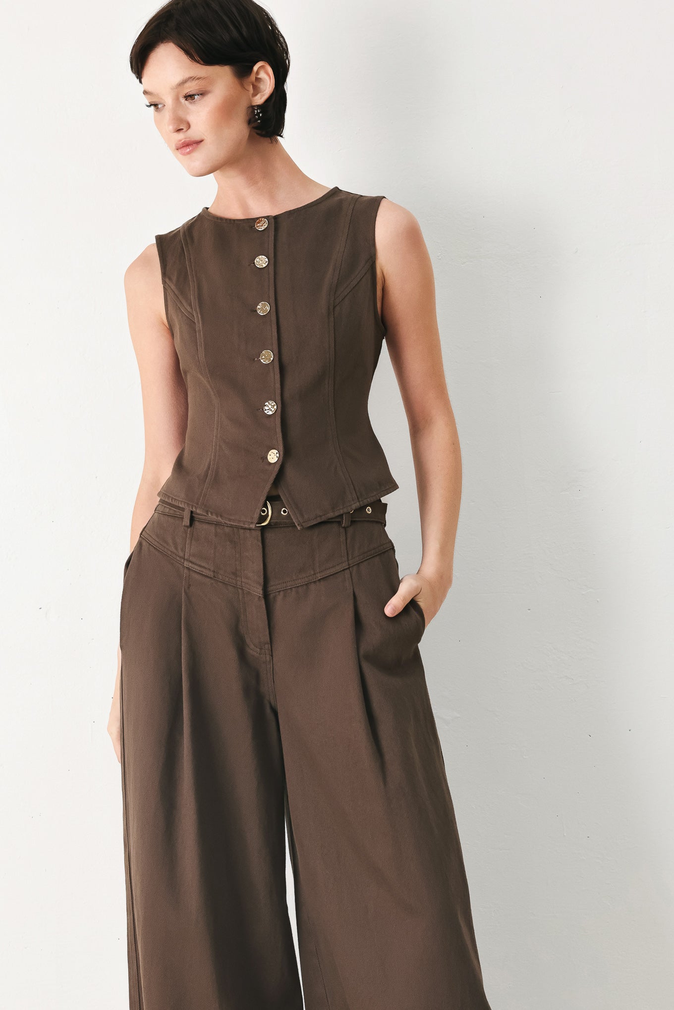 Brown Button Up Vest Top