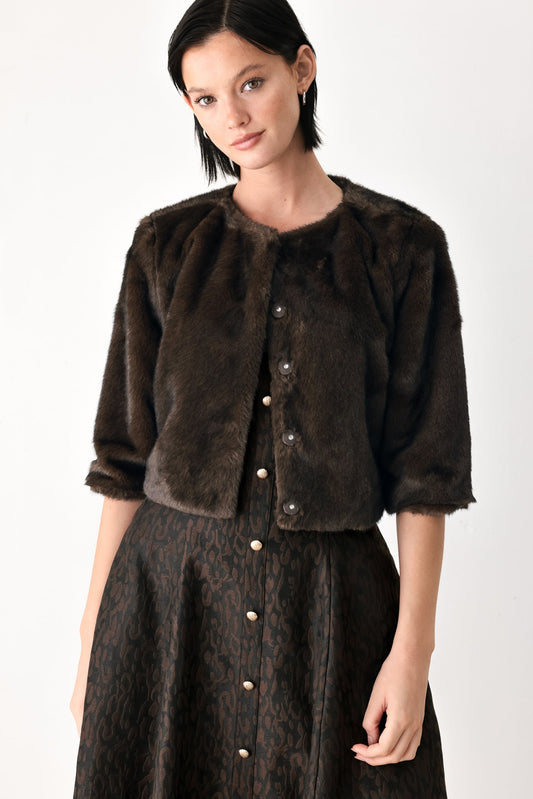 Chocolate Brown Faux Fur Cropped Jacket BROWN