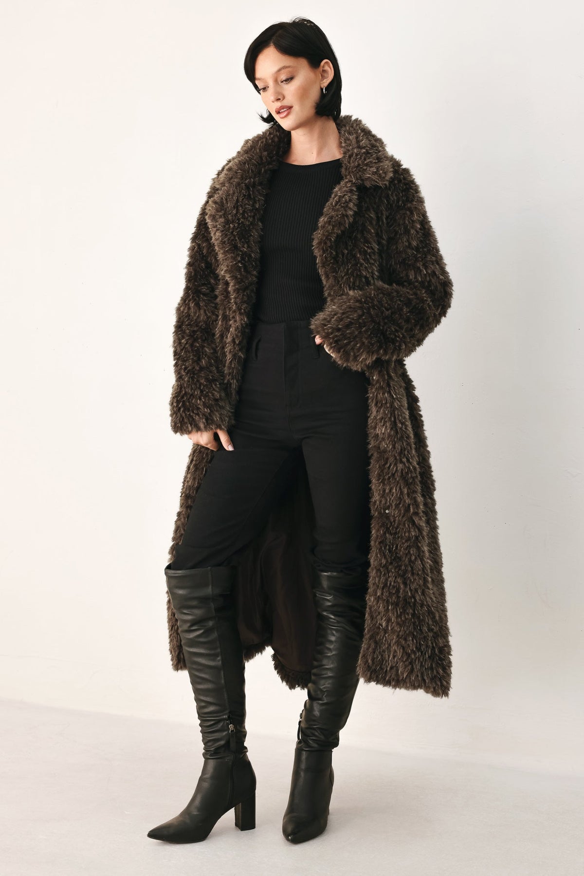 Dark Brown Faux Fur Midi Coat with Skinny Faux Leather Belt