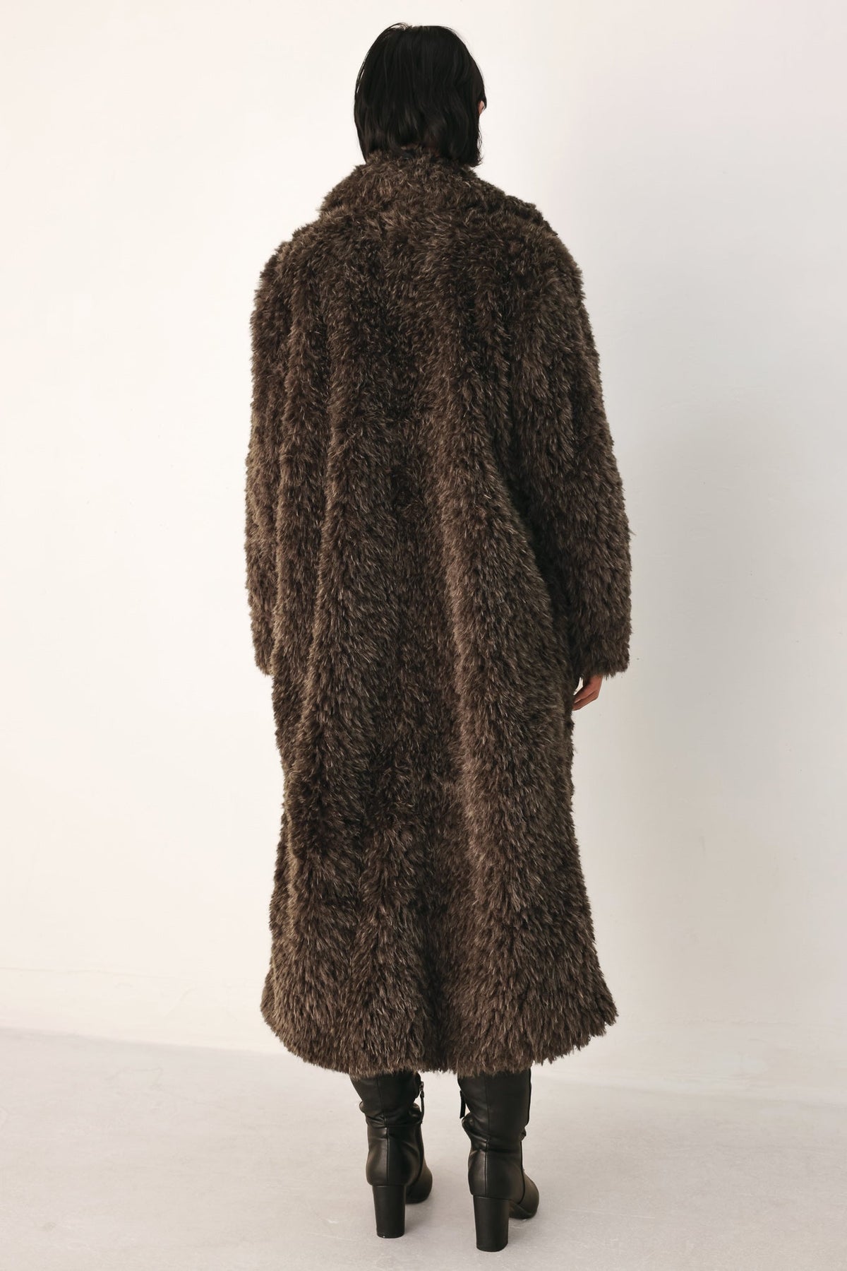 Dark Brown Faux Fur Midi Coat with Skinny Faux Leather Belt