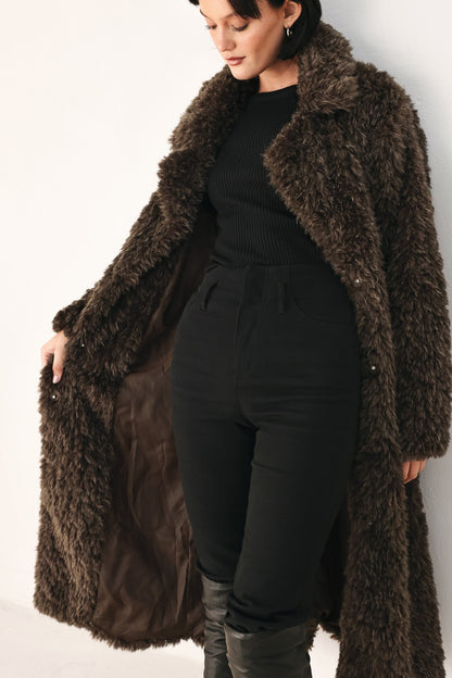 Dark Brown Faux Fur Midi Coat with Skinny Faux Leather Belt