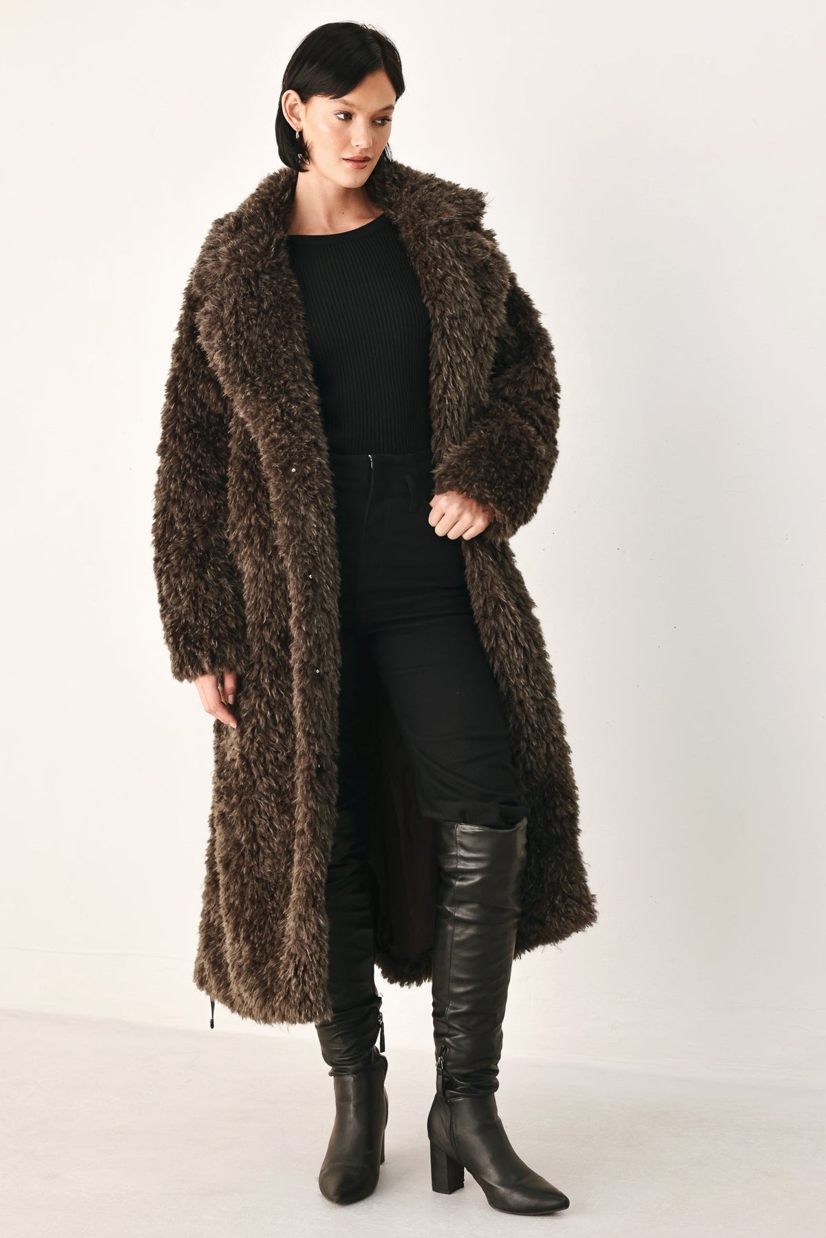 Dark Brown Faux Fur Midi Coat with Skinny Faux Leather Belt