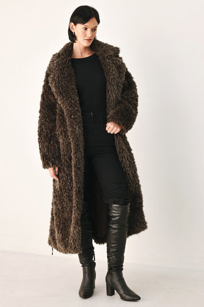 Dark Brown Faux Fur Midi Coat with Skinny Faux Leather Belt