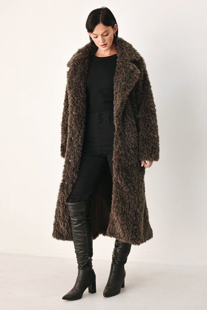 Dark Brown Faux Fur Midi Coat with Skinny Faux Leather Belt