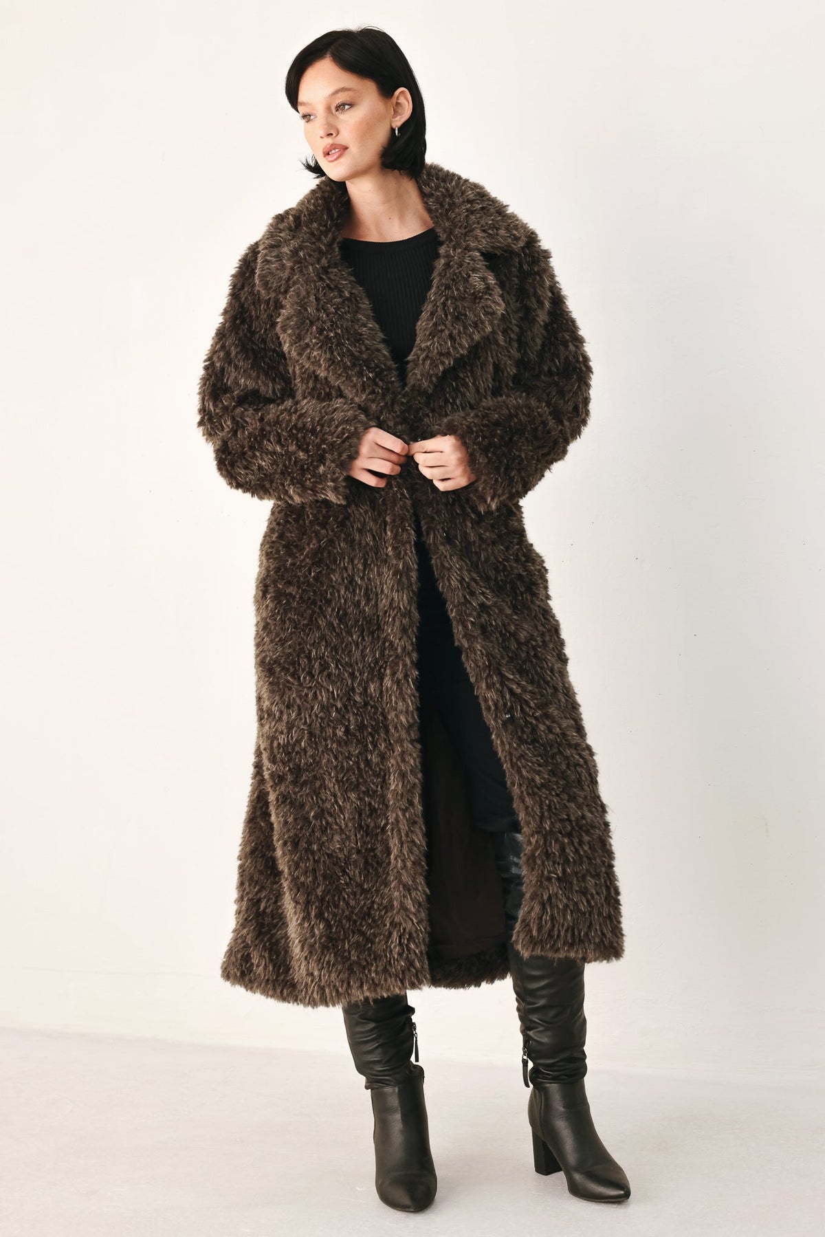 Dark Brown Faux Fur Midi Coat with Skinny Faux Leather Belt BROWN