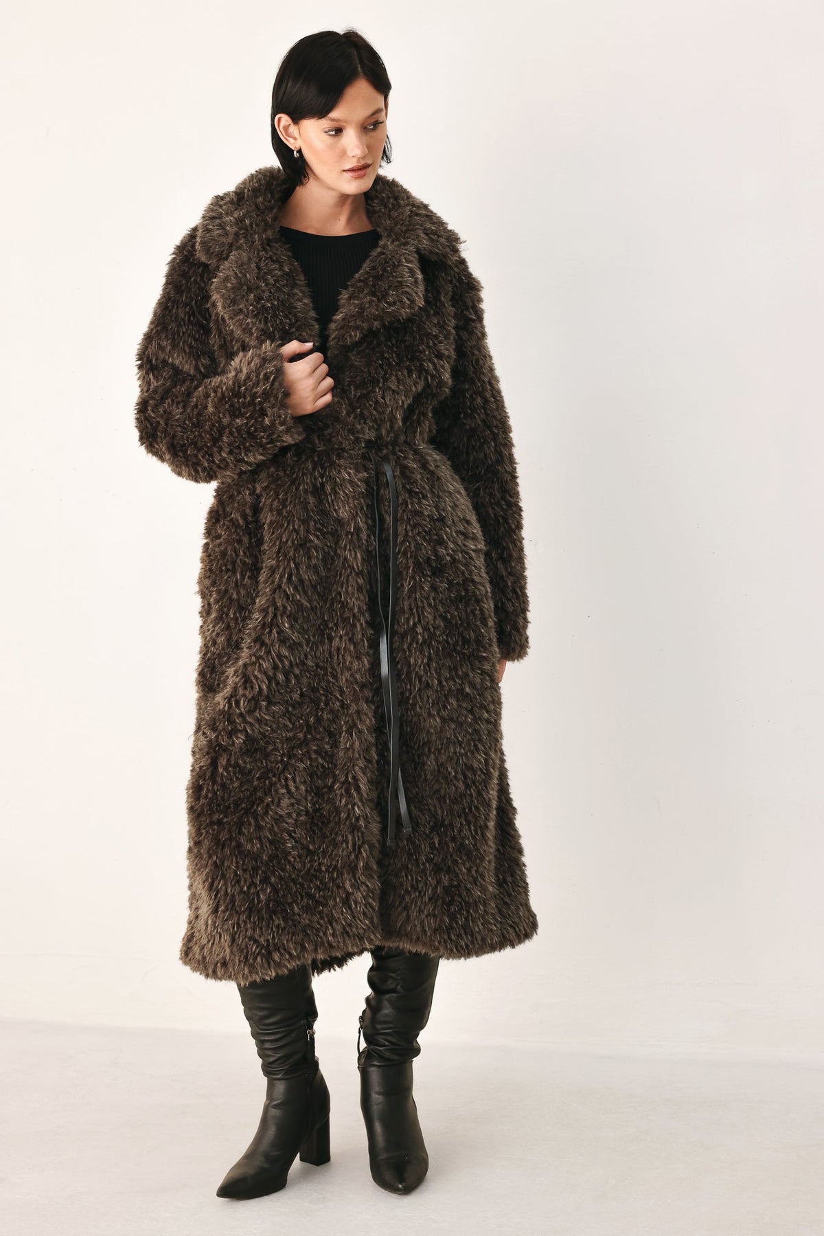 Dark Brown Faux Fur Midi Coat with Skinny Faux Leather Belt