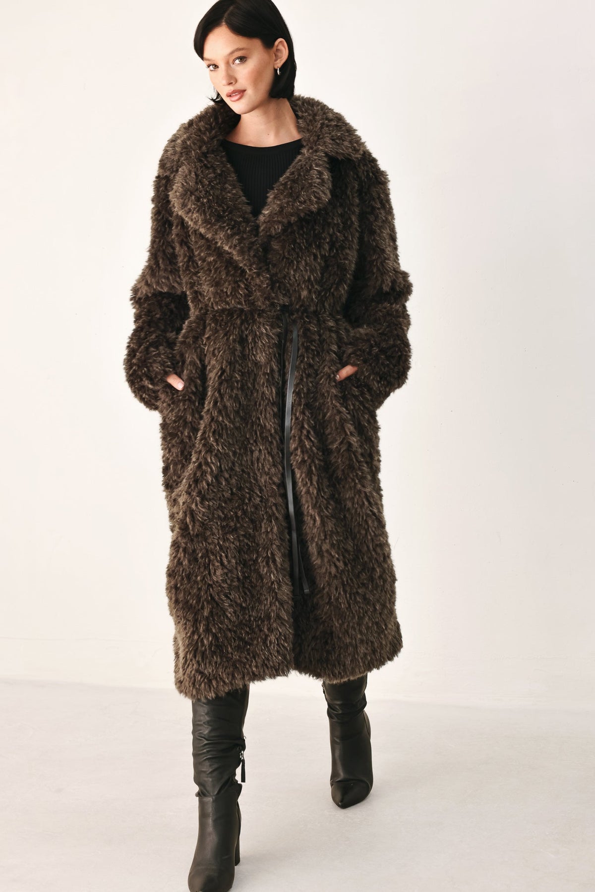 Dark Brown Faux Fur Midi Coat with Skinny Faux Leather Belt