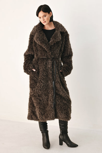 Dark Brown Faux Fur Midi Coat with Skinny Faux Leather Belt