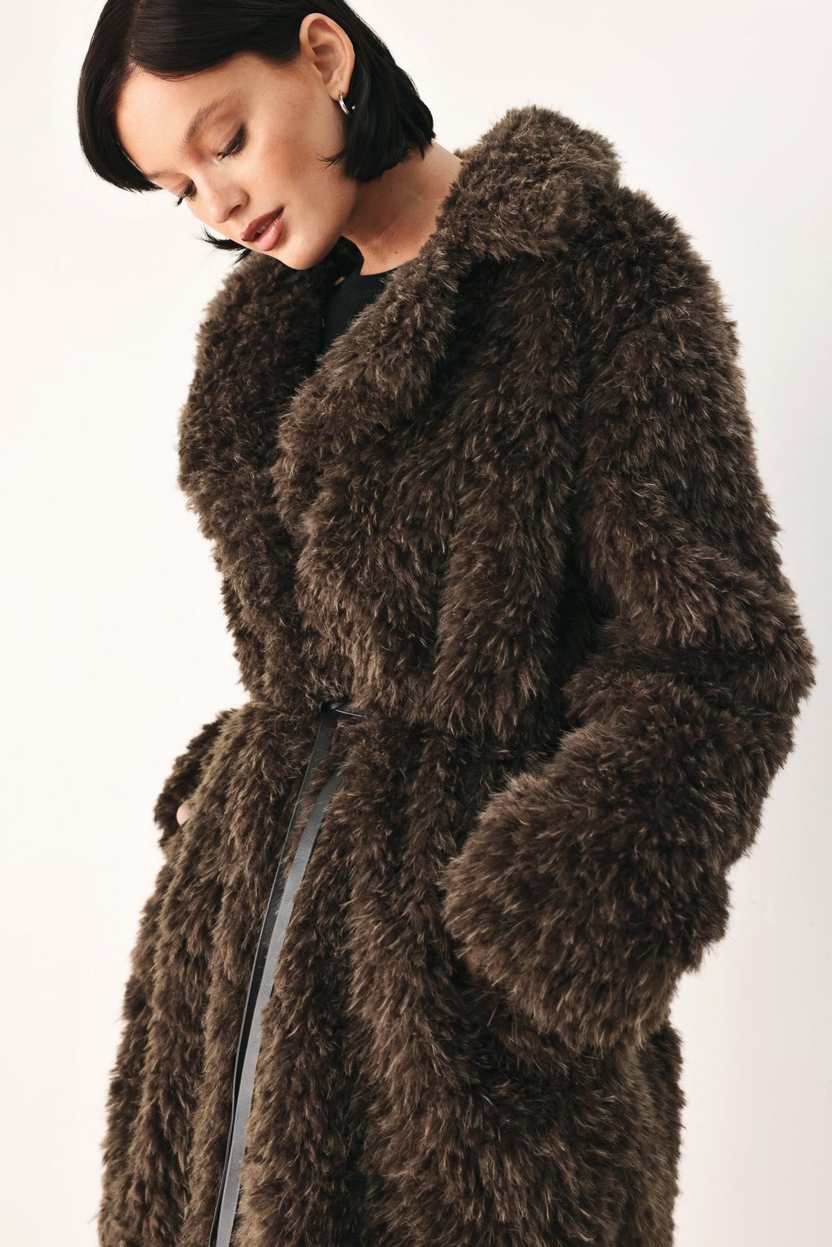 Dark Brown Faux Fur Midi Coat with Skinny Faux Leather Belt