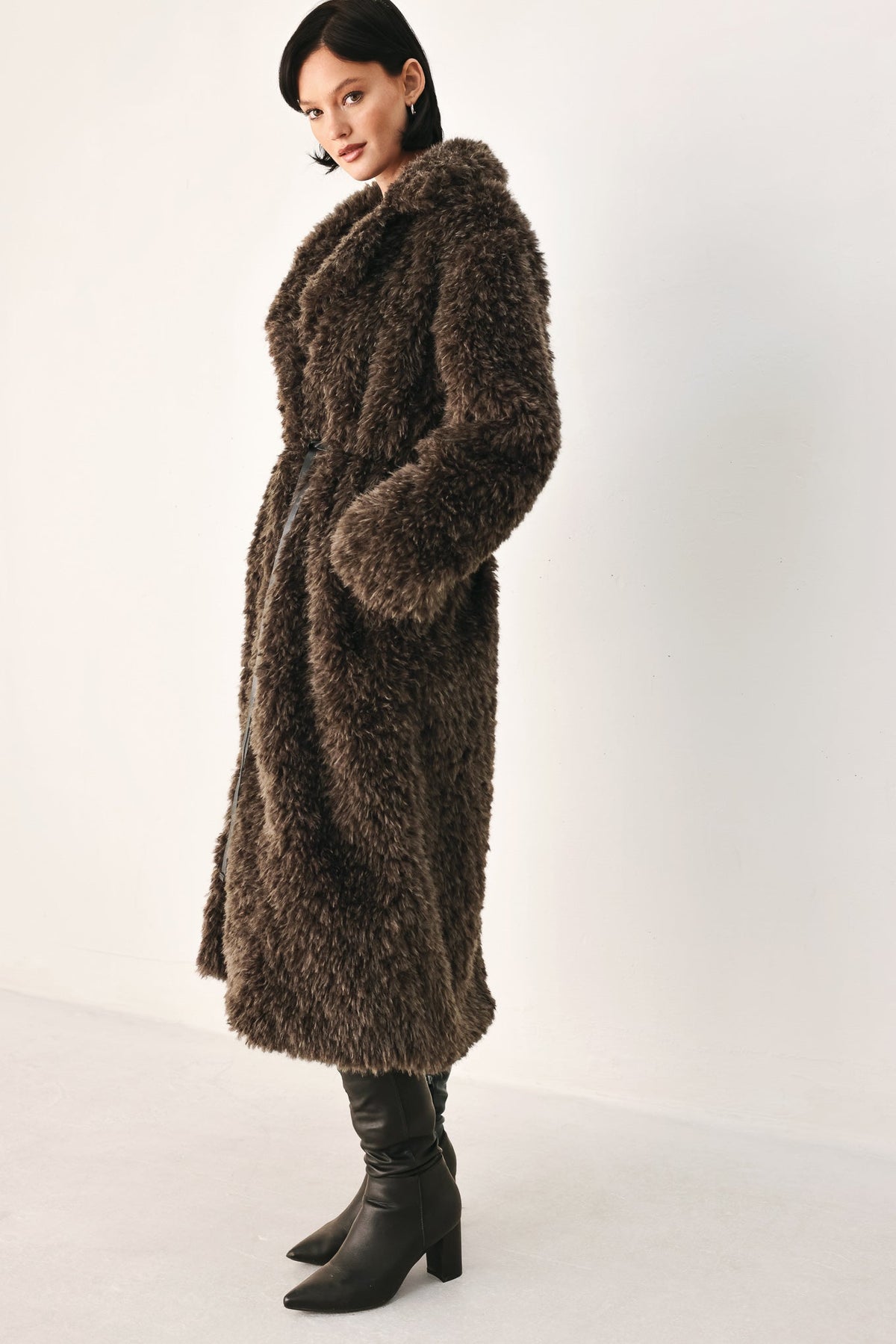 Dark Brown Faux Fur Midi Coat with Skinny Faux Leather Belt