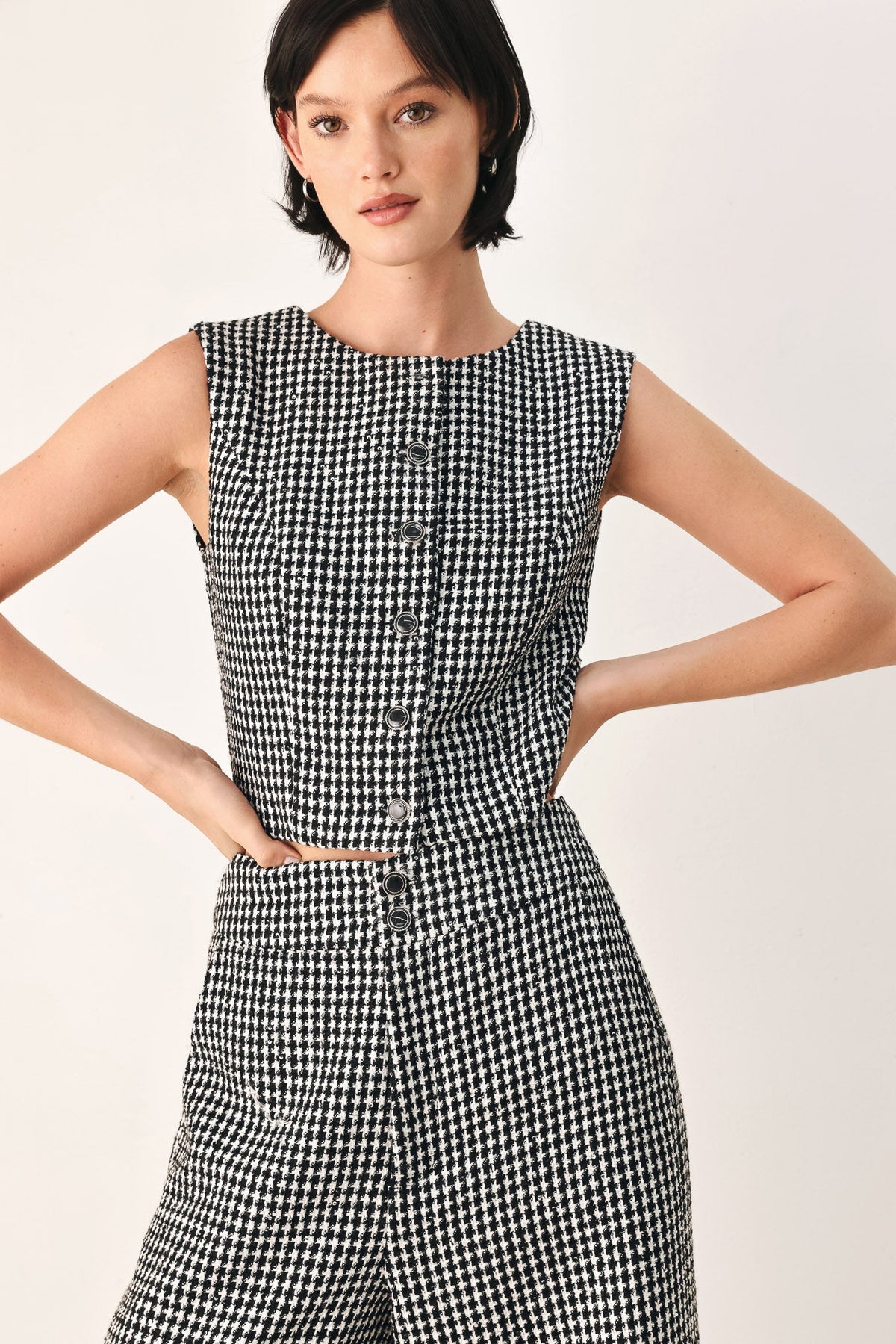 Black and White Houndstooth Sleeveless Vest with Sequin Details and Button Closure