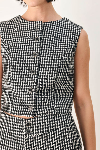 Black and White Houndstooth Sleeveless Vest with Sequin Details and Button Closure BLACK WHITE