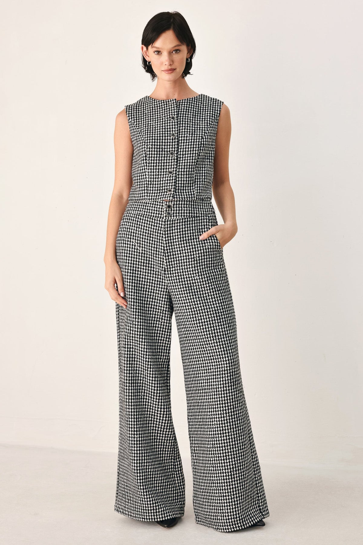 Black and White Houndstooth Sleeveless Vest with Sequin Details and Button Closure
