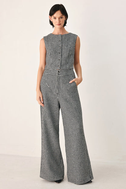 Black and White Houndstooth Sleeveless Vest with Sequin Details and Button Closure
