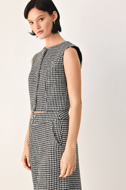 Black and White Houndstooth Sleeveless Vest with Sequin Details and Button Closure