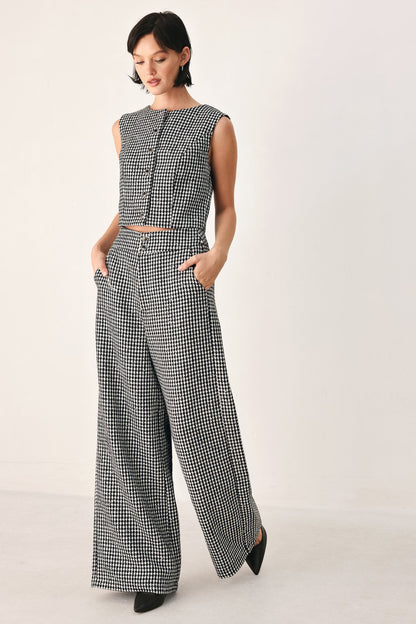 Black and White Houndstooth Sleeveless Vest with Sequin Details and Button Closure