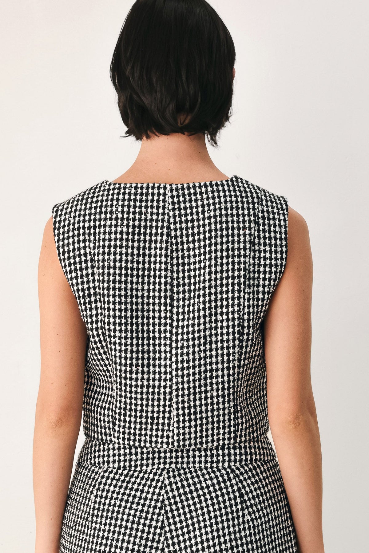 Black and White Houndstooth Sleeveless Vest with Sequin Details and Button Closure