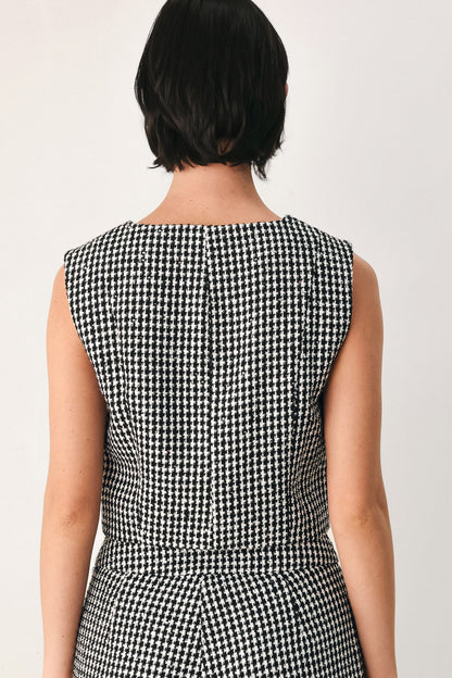 Black and White Houndstooth Sleeveless Vest with Sequin Details and Button Closure