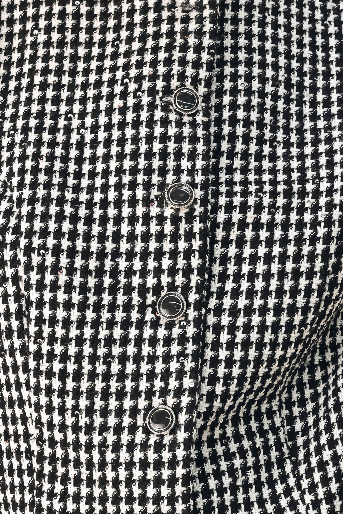 Black and White Houndstooth Sleeveless Vest with Sequin Details and Button Closure