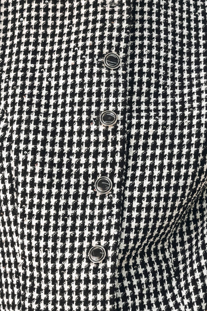 Black and White Houndstooth Sleeveless Vest with Sequin Details and Button Closure