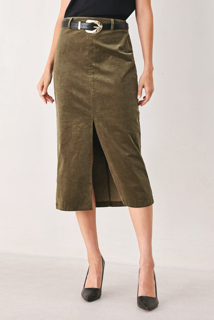 Corduroy Buckle-Belt Midi Pencil Skirt