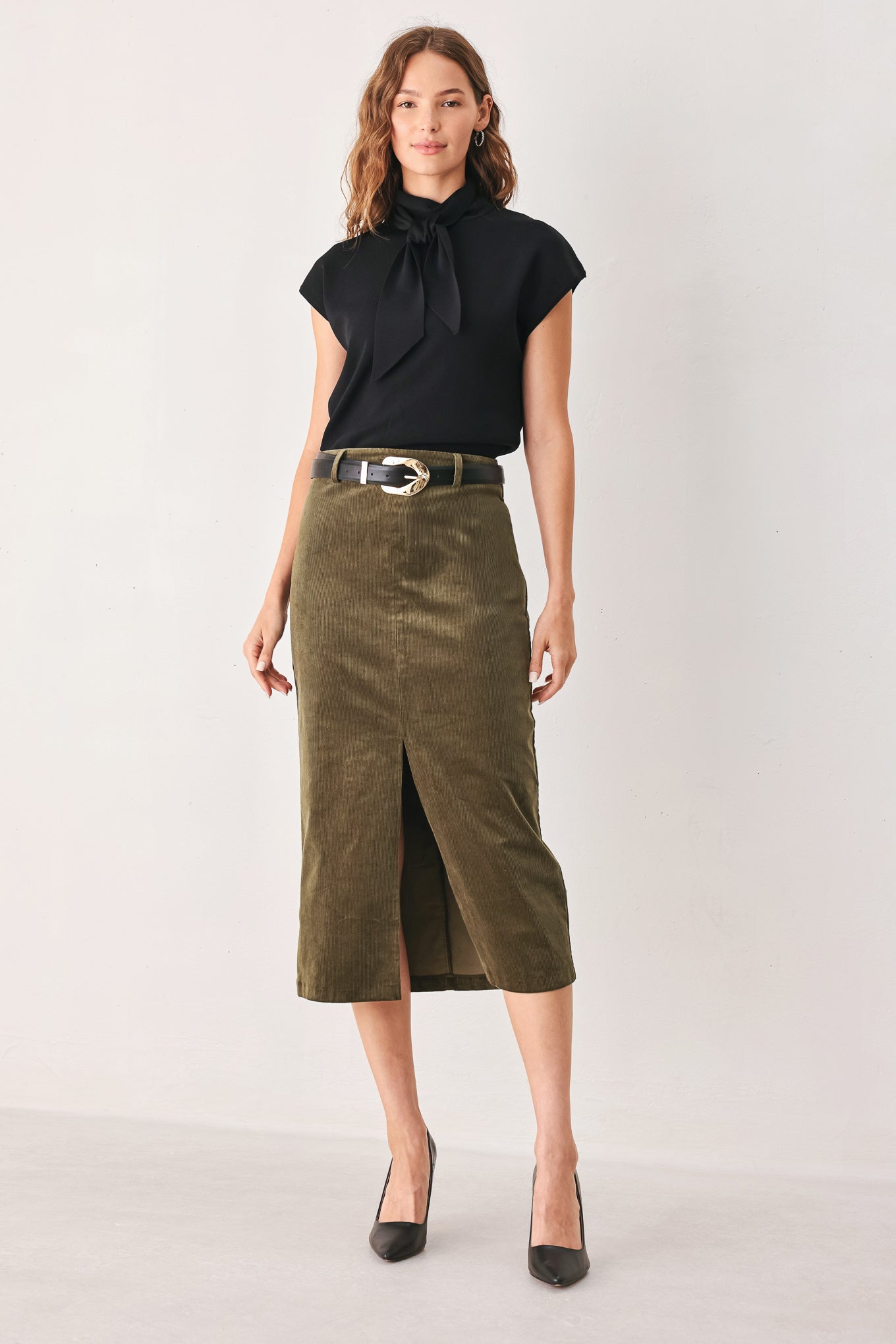 Corduroy Buckle-Belt Midi Pencil Skirt