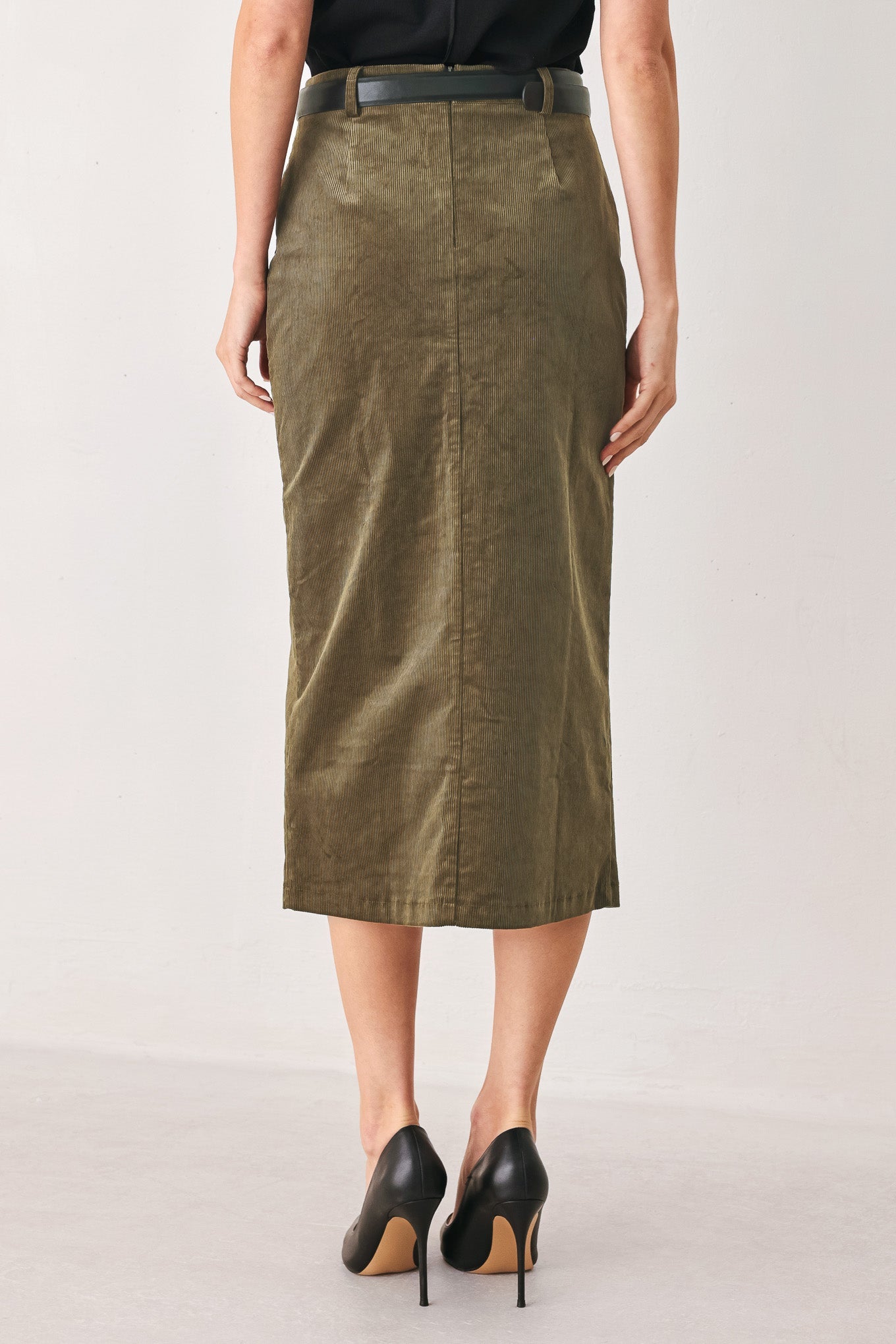Corduroy Buckle-Belt Midi Pencil Skirt