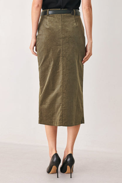 Corduroy Buckle-Belt Midi Pencil Skirt