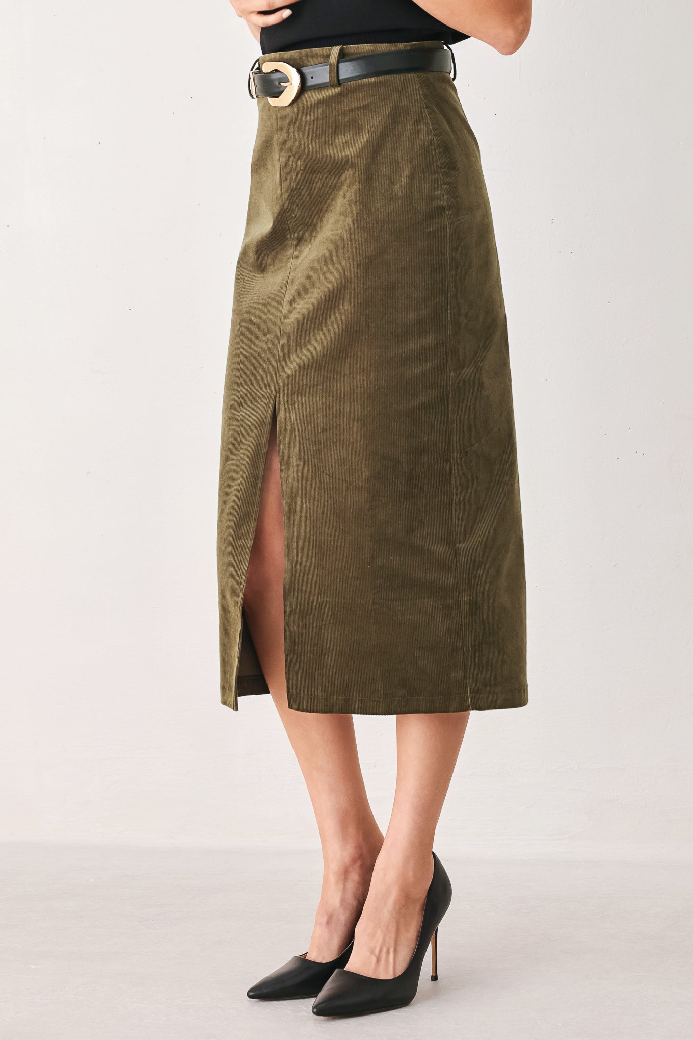 Corduroy Buckle-Belt Midi Pencil Skirt