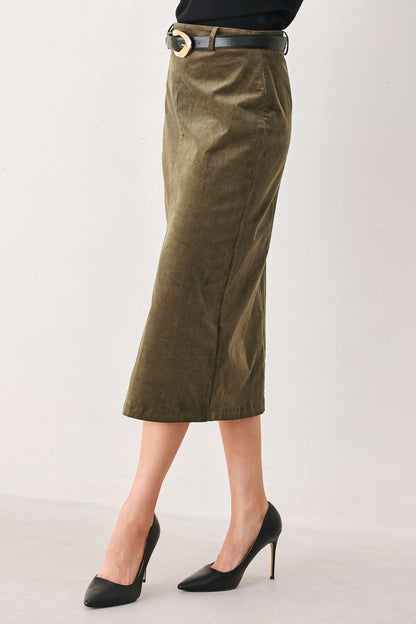 Corduroy Buckle-Belt Midi Pencil Skirt