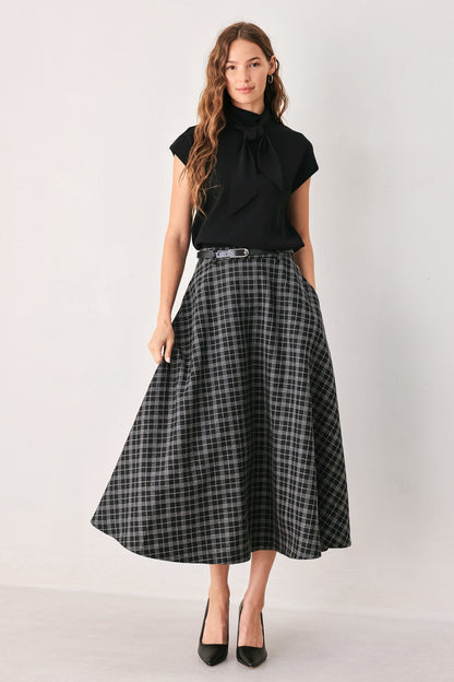 Monochrome Plaid Full-Circle Midi Skirt with Contrast Belt and Back Zipper BLACK