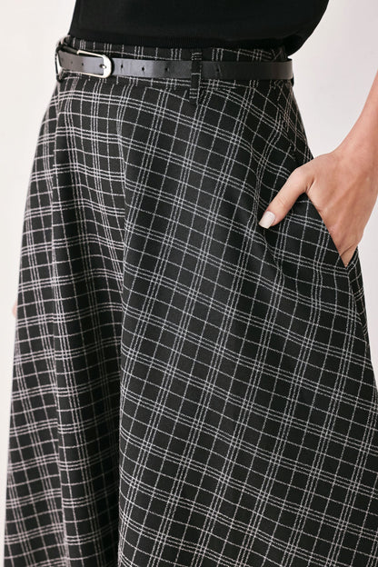 Monochrome Plaid Full-Circle Midi Skirt with Contrast Belt and Back Zipper