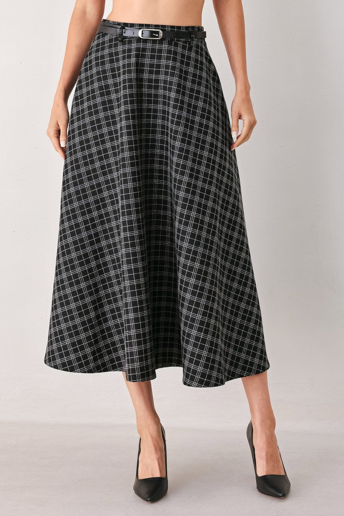 Monochrome Plaid Full-Circle Midi Skirt with Contrast Belt and Back Zipper