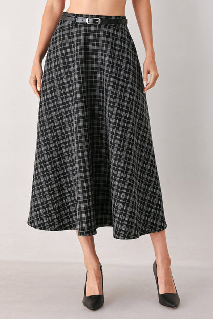 Monochrome Plaid Full-Circle Midi Skirt with Contrast Belt and Back Zipper