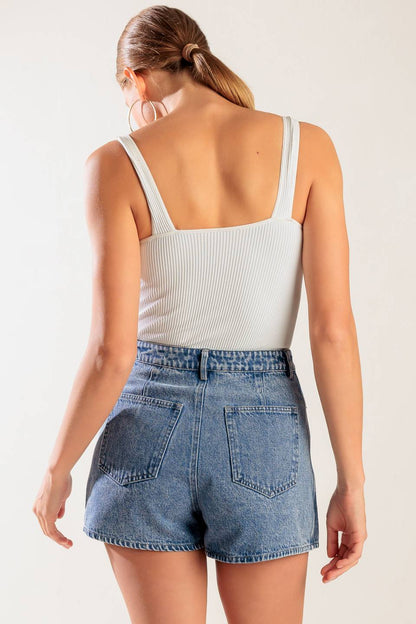 Denim Blue Mini Summer Skort | Trendy Skorts Outfit Idea for Women by Ro + Ivy | Elevated Basics, Modern Comfort & Style