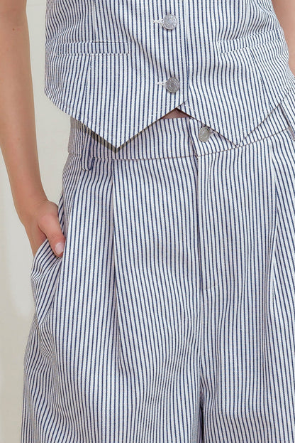 Coastal Striped Wide Leg Front Pleated Pants Trendy Pants Outfit Idea for Women | Ro + Ivy
