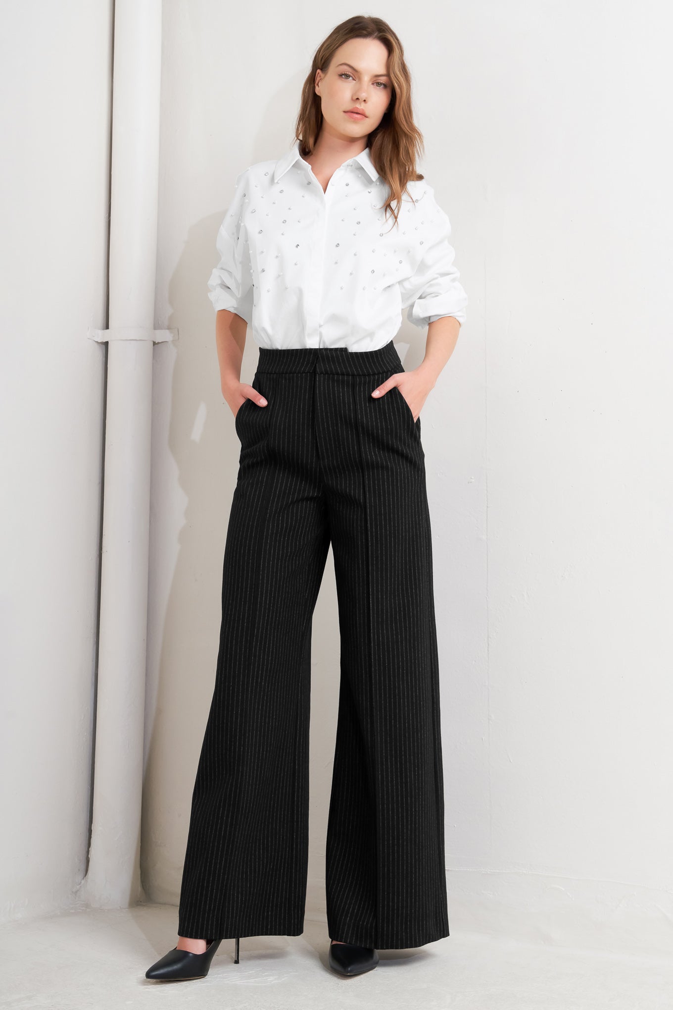 Wide Leg Striped Pants Trendy Pants Outfit Idea for Women | Ro + Ivy