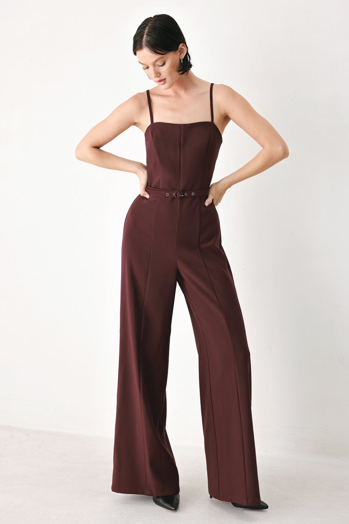 Burgundy Woven Wide-Leg Jumpsuit with Straight Neckline and Self Belt