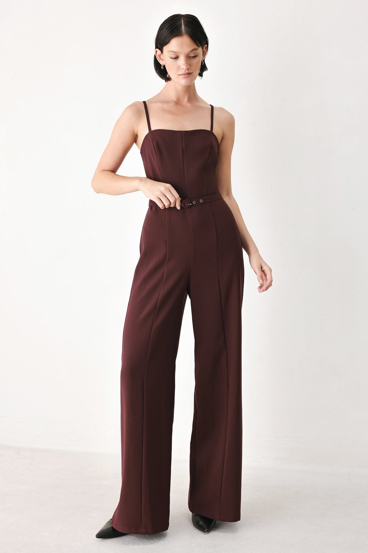 Burgundy Woven Wide-Leg Jumpsuit with Straight Neckline and Self Belt BURGUNDY