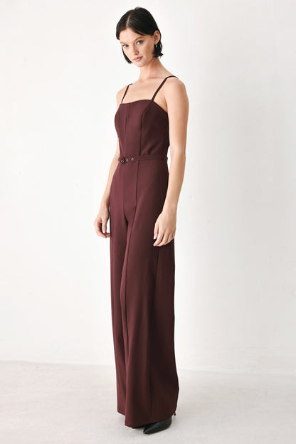 Burgundy Woven Wide-Leg Jumpsuit with Straight Neckline and Self Belt