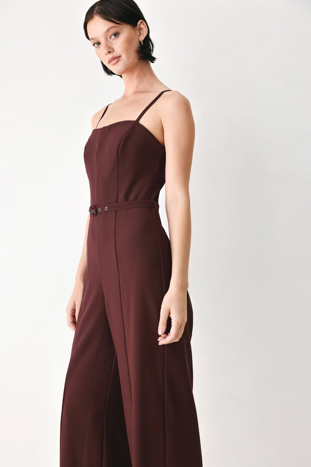 Burgundy Woven Wide-Leg Jumpsuit with Straight Neckline and Self Belt
