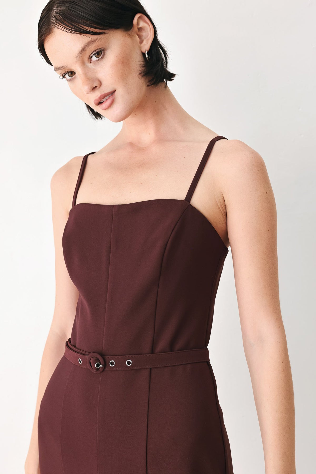 Burgundy Woven Wide-Leg Jumpsuit with Straight Neckline and Self Belt
